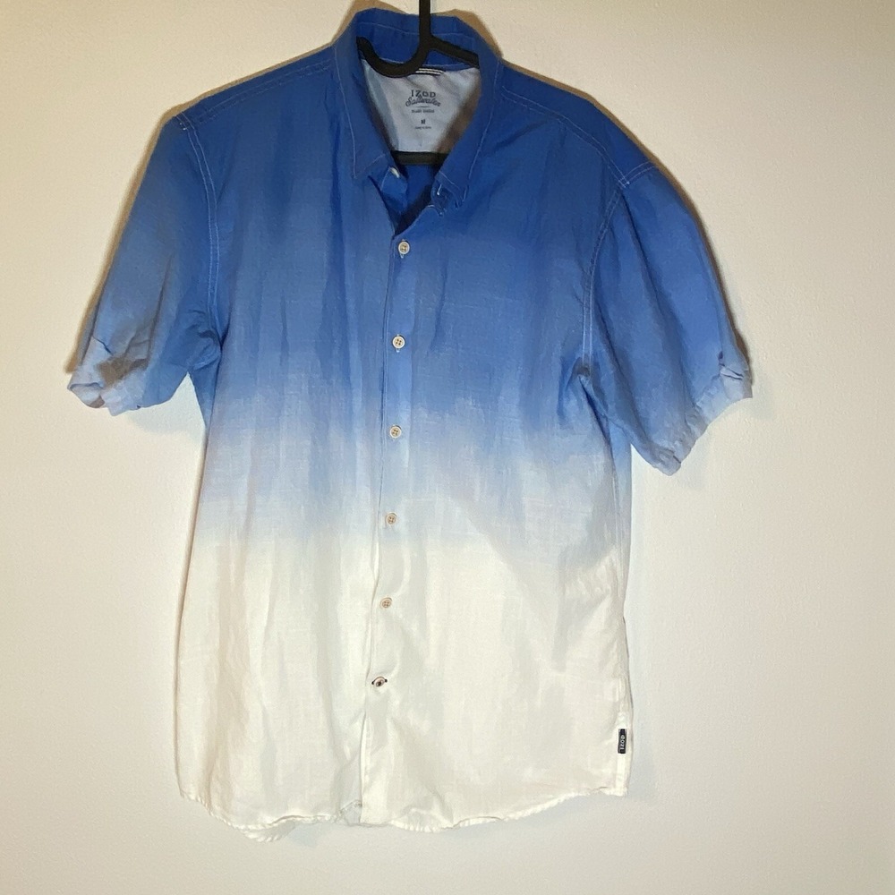 Izod Saltwater Men's M Shirt  Short Sleeve Button Blue White‎ Ombre Beach Resort